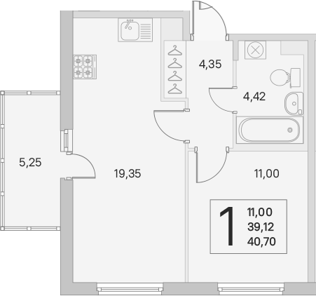 2-комнатная 39 м<sup>2</sup> на 2 этаже