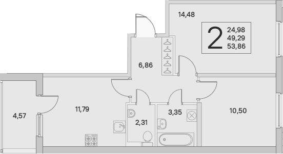2-комнатная 49 м<sup>2</sup> на 1 этаже