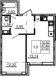 2-комнатная 37 м<sup>2</sup> на 2 этаже