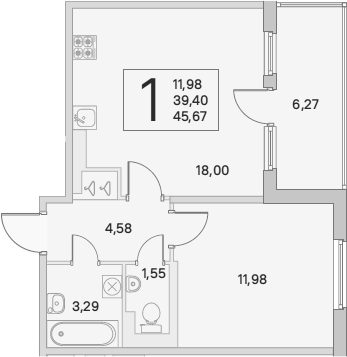 2-комнатная 45 м<sup>2</sup> на 2 этаже