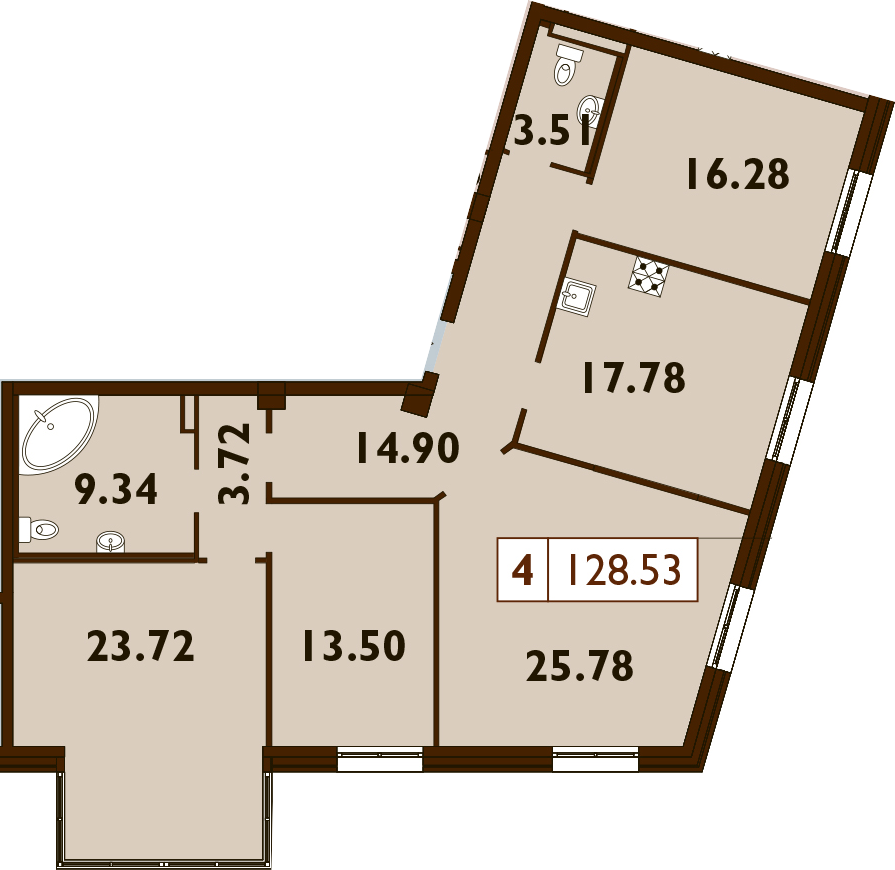 4-комнатная 129 м<sup>2</sup> на 4 этаже