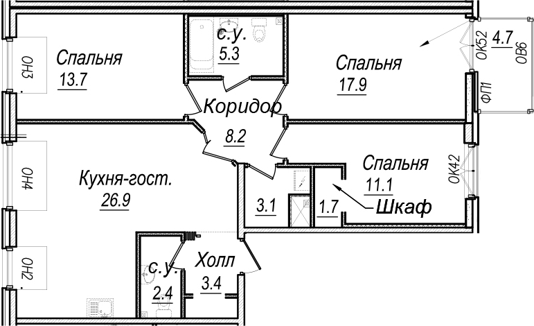 4-комнатная 101 м<sup>2</sup> на 7 этаже