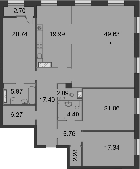 4-комнатная 173 м<sup>2</sup> на 7 этаже