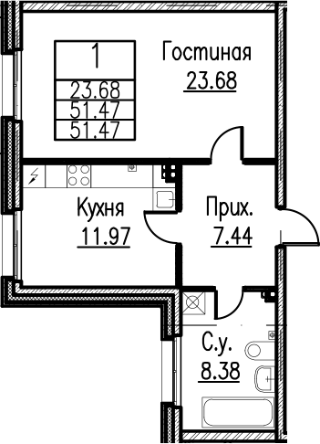 1-комнатная 51 м<sup>2</sup> на 2 этаже