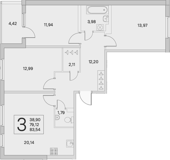 4-комнатная 83 м<sup>2</sup> на 1 этаже