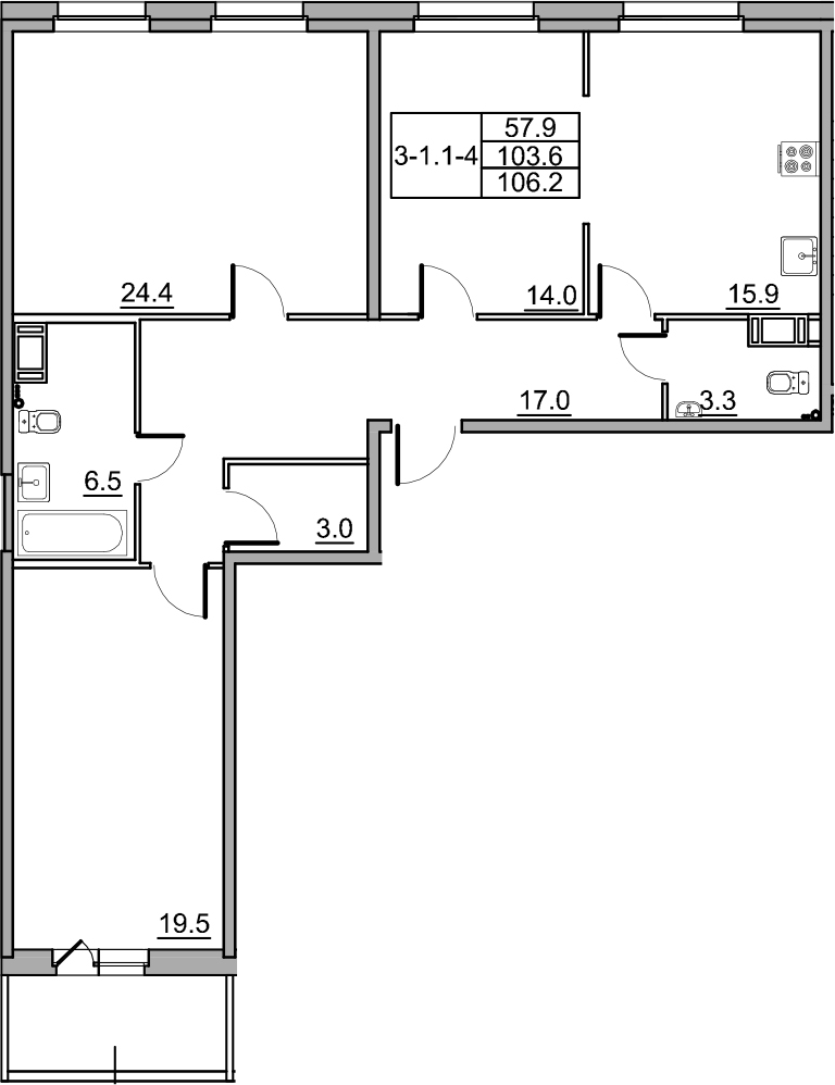 4-комнатная 108 м<sup>2</sup> на 2 этаже