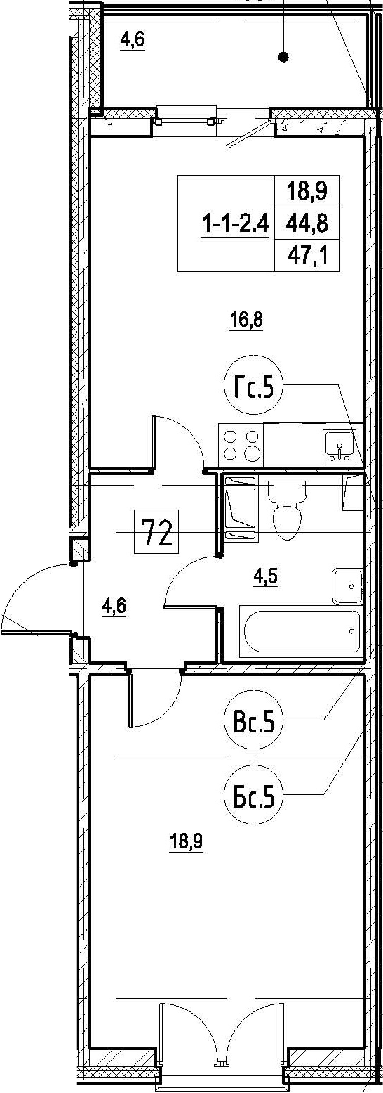 2-комнатная 49 м<sup>2</sup> на 2 этаже