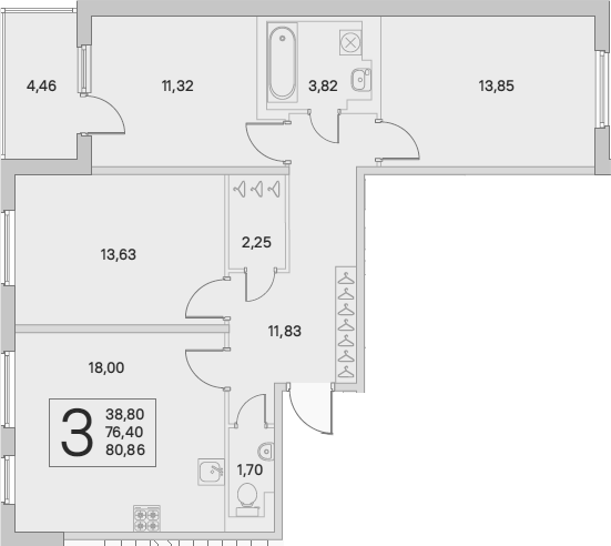 4-комнатная 80 м<sup>2</sup> на 2 этаже