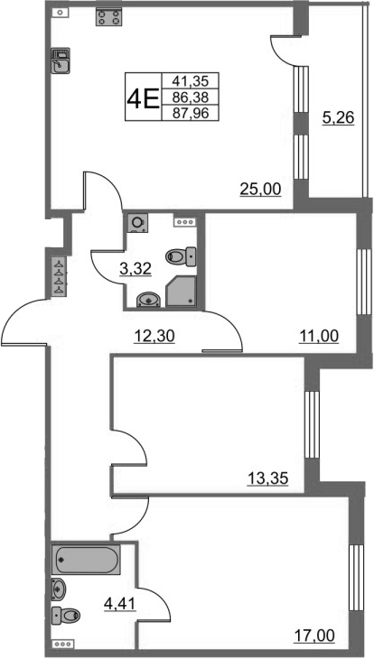4-комнатная 91 м<sup>2</sup> на 1 этаже