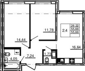 3-комнатная 55 м<sup>2</sup> на 2 этаже